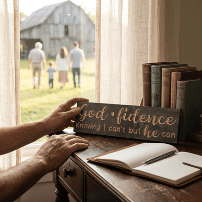 Godfidence inspirational faith sign placed on a wooden desk next to C.S. Lewis and A.W. Tozer books, overlooking a Kentucky farmhouse barn and family walking outside
