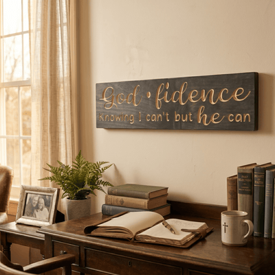 Godfidence wooden faith sign displayed above a vintage writing desk with journal, books, and fern in a sunlit Southern home office