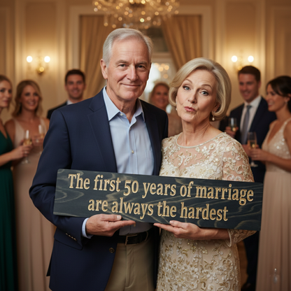"A happy older couple celebrating their golden anniversary holding a funny 'first 50 years' carved wood sign at a party."