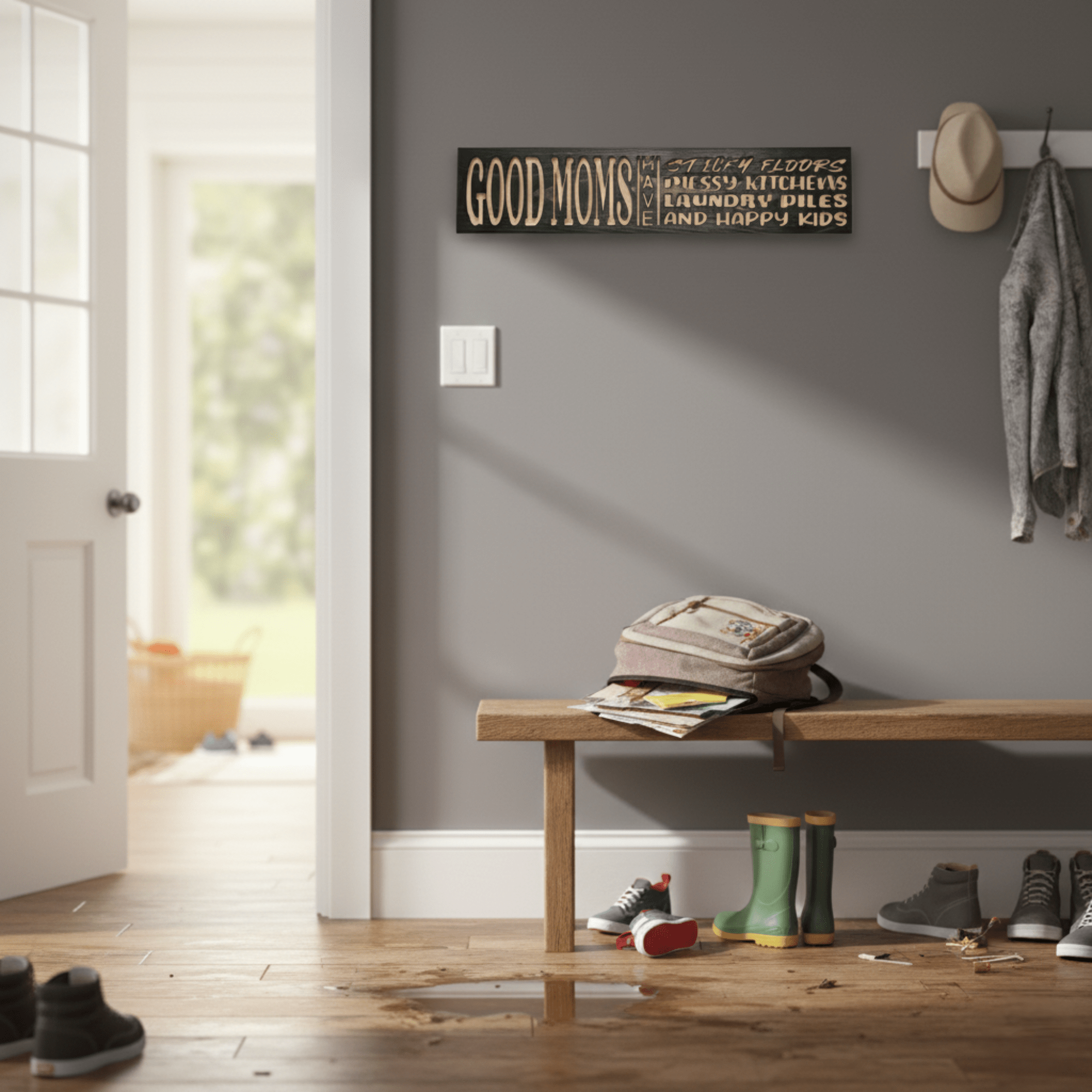 custom-wood-stain-colors-for-carved-signs - good moms have sticky floors wood sign by Bluegrass Gifts, handmade in Kentucky