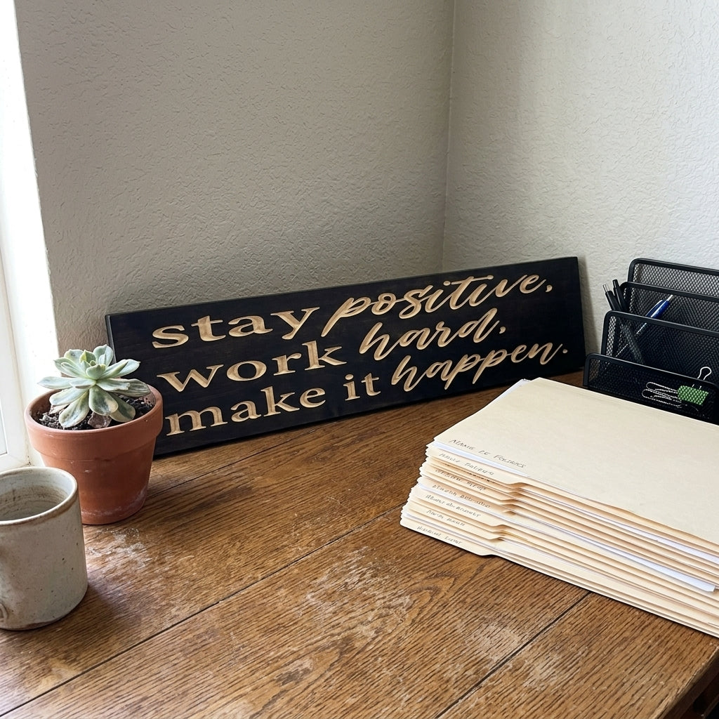 A Good Vibes Sign on a rustic wooden desk with a succulent, mug, and file folders, viewed from a high angle from Bluegrass Gifts