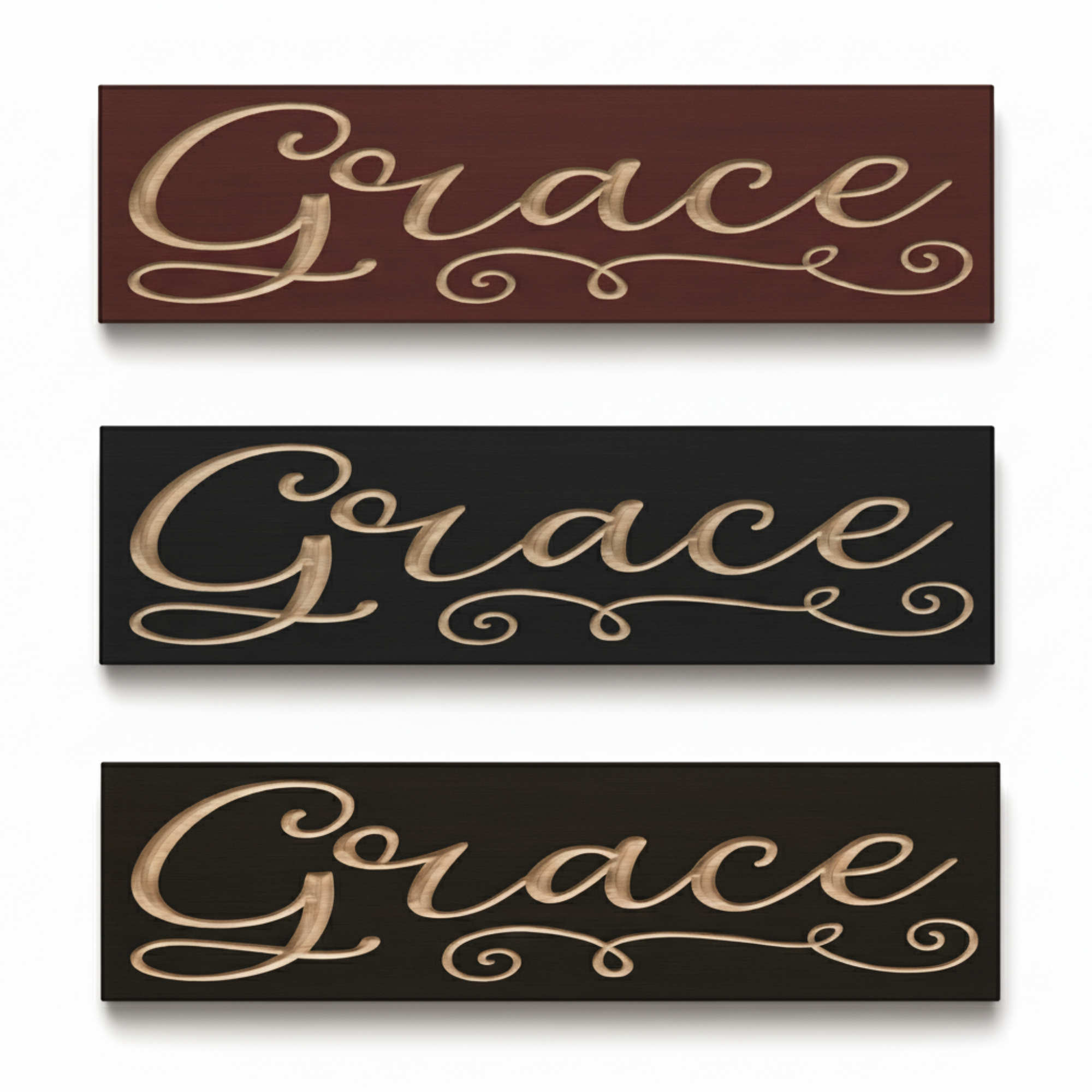 Grace wooden sign in three finishes — mahogany, black, and espresso — showing color options
