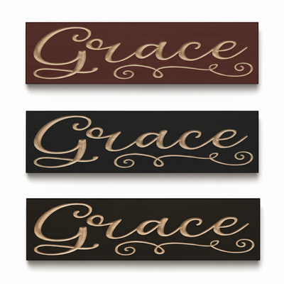 Grace wooden sign in three finishes — mahogany, black, and espresso — showing color options