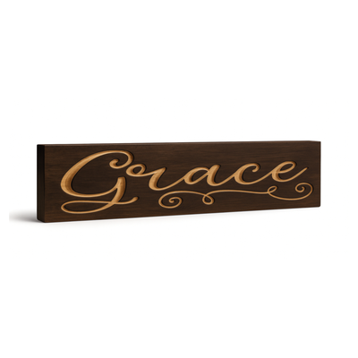 Faith-based Grace wooden wall art with CNC carved lettering in espresso finish