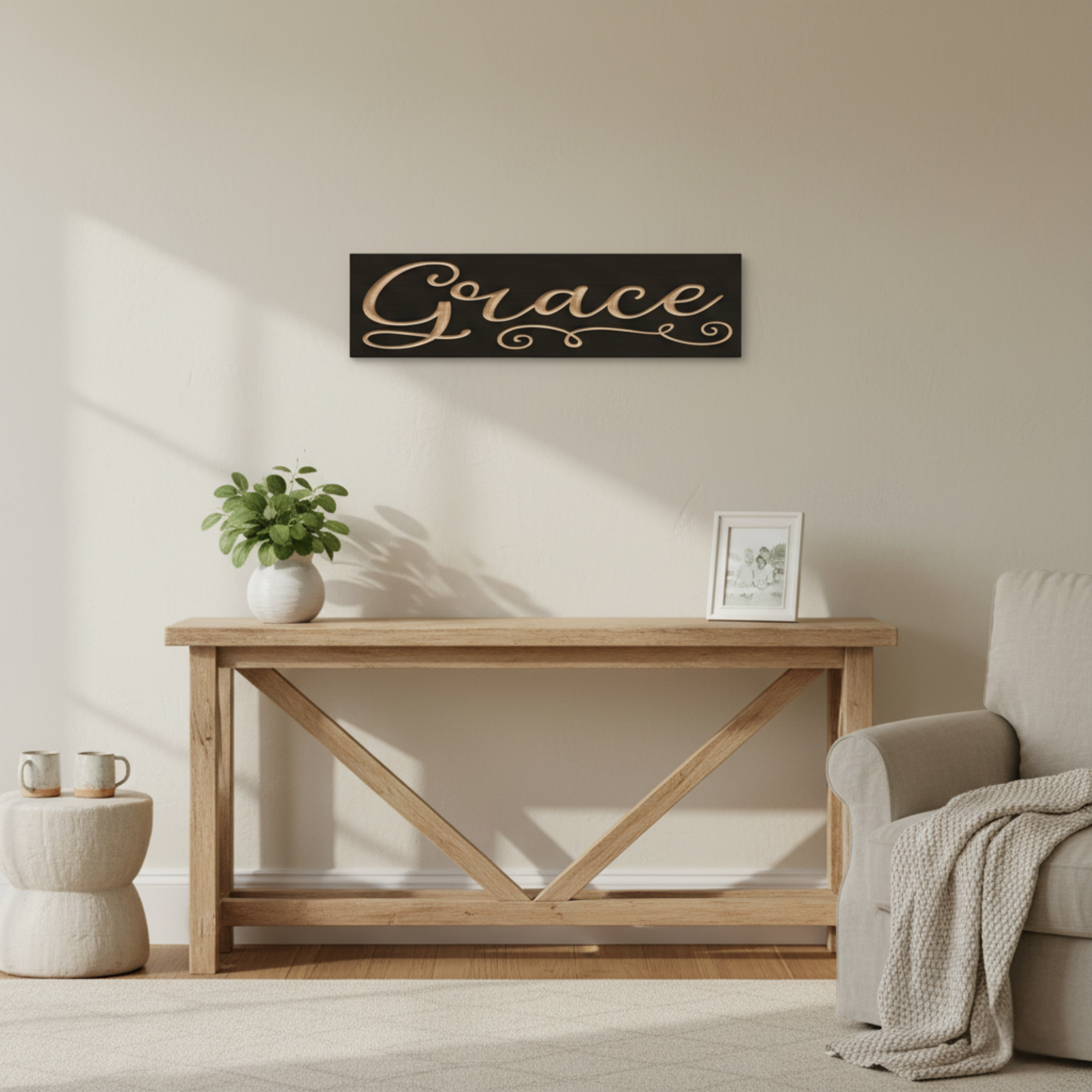Grace wooden sign displayed in farmhouse entryway above rustic console table