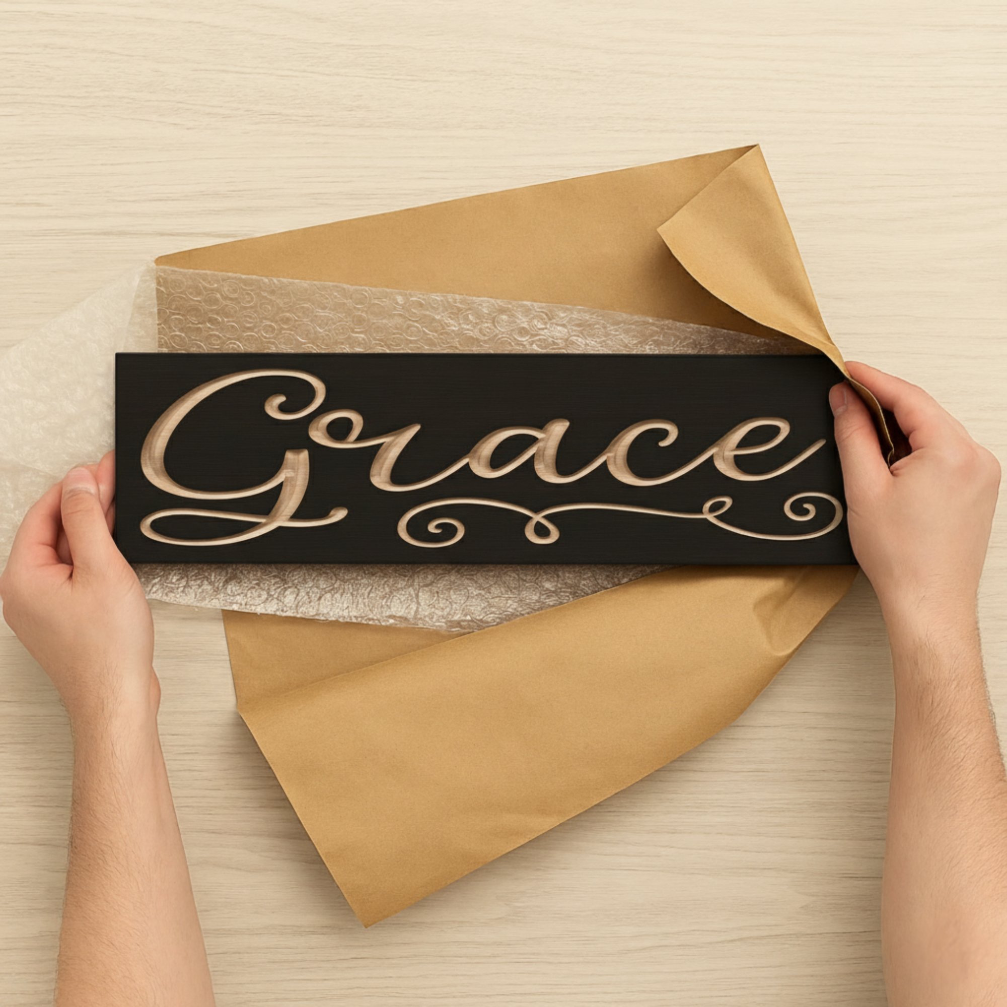Grace wooden sign being wrapped in brown paper for shipment from Bluegrass Gifts