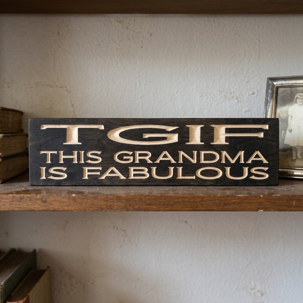 A close-up of a dark wood "TGIF: THIS GRANDMA IS FABULOUS" Grandma Sign on a rustic shelf from Bluegrass Gifts