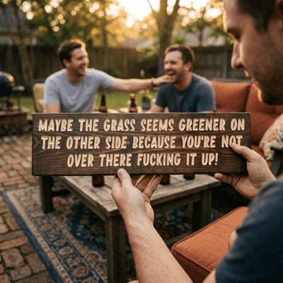 Grass Is Greener Funny Wood Sign – Guys Laughing at Gag Gift in Backyard
