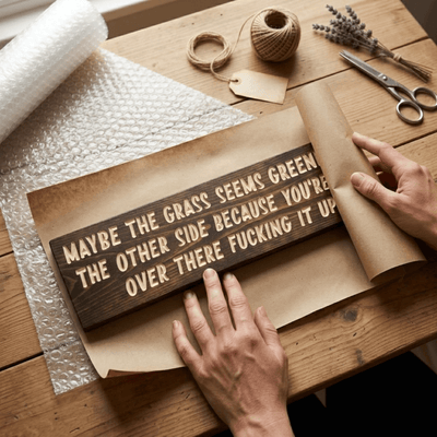 Grass Is Greener Sarcastic Sign Being Gift Wrapped – Handmade Kentucky Gift