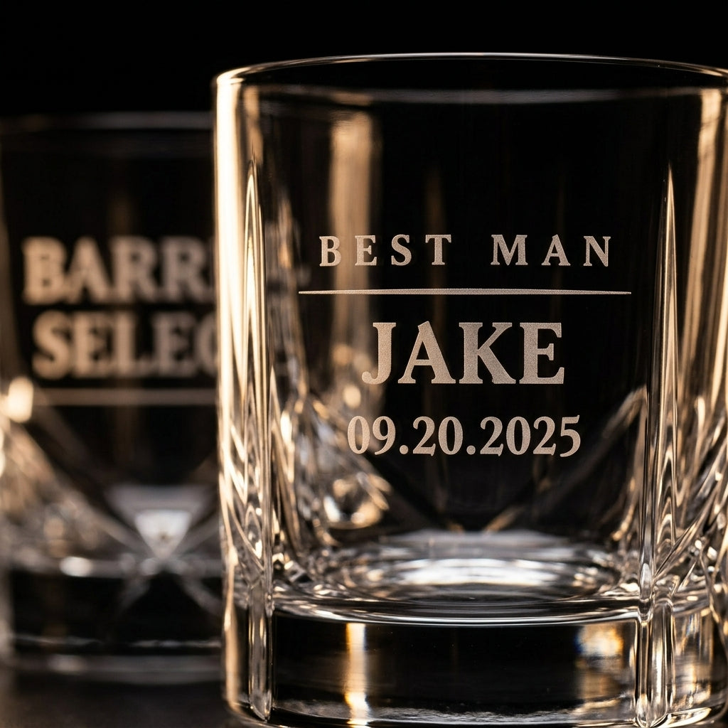 Close-up of the etched BEST MAN name and wedding date on a groomsmen whiskey glass