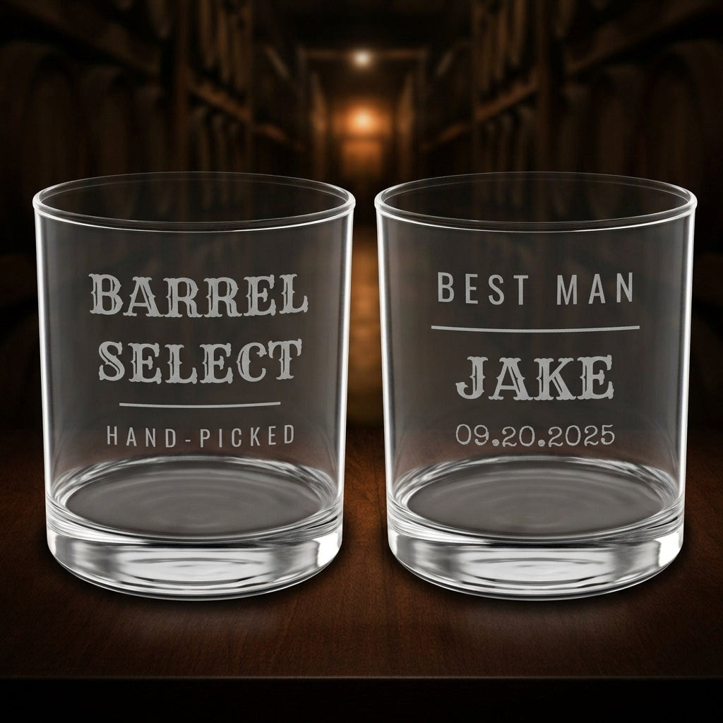 Both engraved sides of the groomsmen whiskey glass - Barrel Select Hand-Picked on the front, Best Man name and date on the back