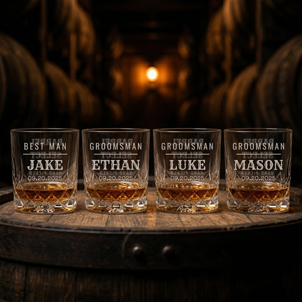 Groomsmen Whiskey Glass Set - four engraved rocks glasses, each personalized with a role and name, on a bourbon barrel