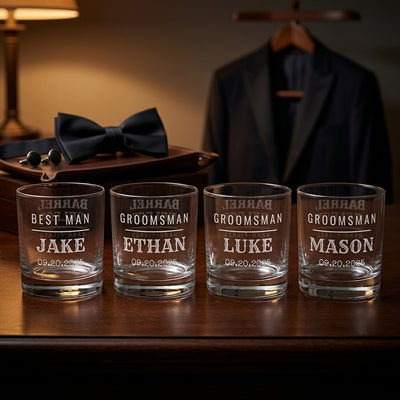 Personalized groomsmen whiskey glasses in a getting-ready scene with bow tie and cufflinks