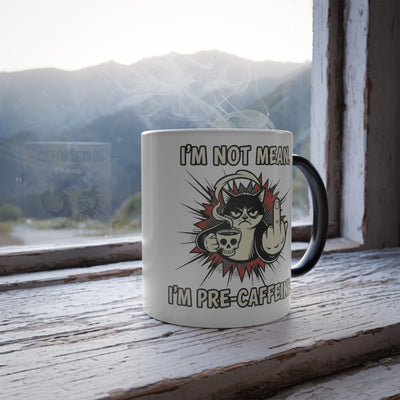 Fully revealed "I'm Not Mean" magic mug with steam, set against a scenic outdoor background on a wooden windowsill.