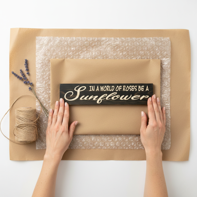 A Bluegrass Gifts carved sign shown securely hand-packed with protective bubble wrap and paper, ensuring safe delivery of your handcrafted wood art.