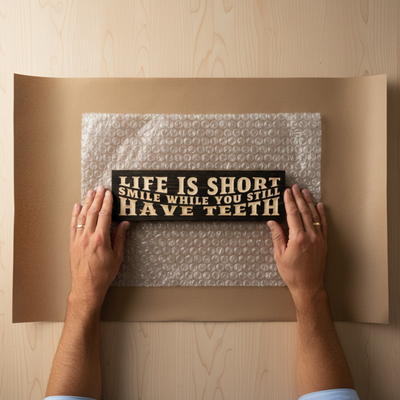 Top-down view of hands wrapping a "Life Is Short Smile While You Still Have Teeth" wood sign in bubble wrap and brown kraft paper.