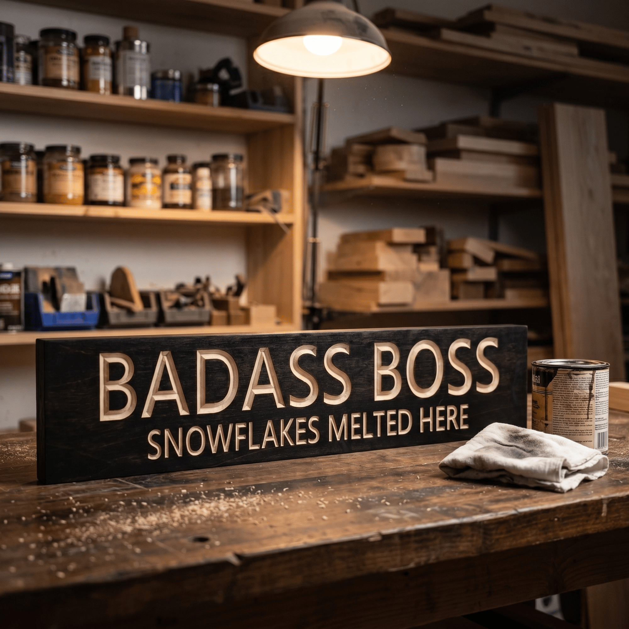 Finished Badass Boss solid wood sign on the workbench inside a Kentucky workshop.