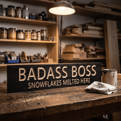 Finished Badass Boss solid wood sign on the workbench inside a Kentucky workshop.