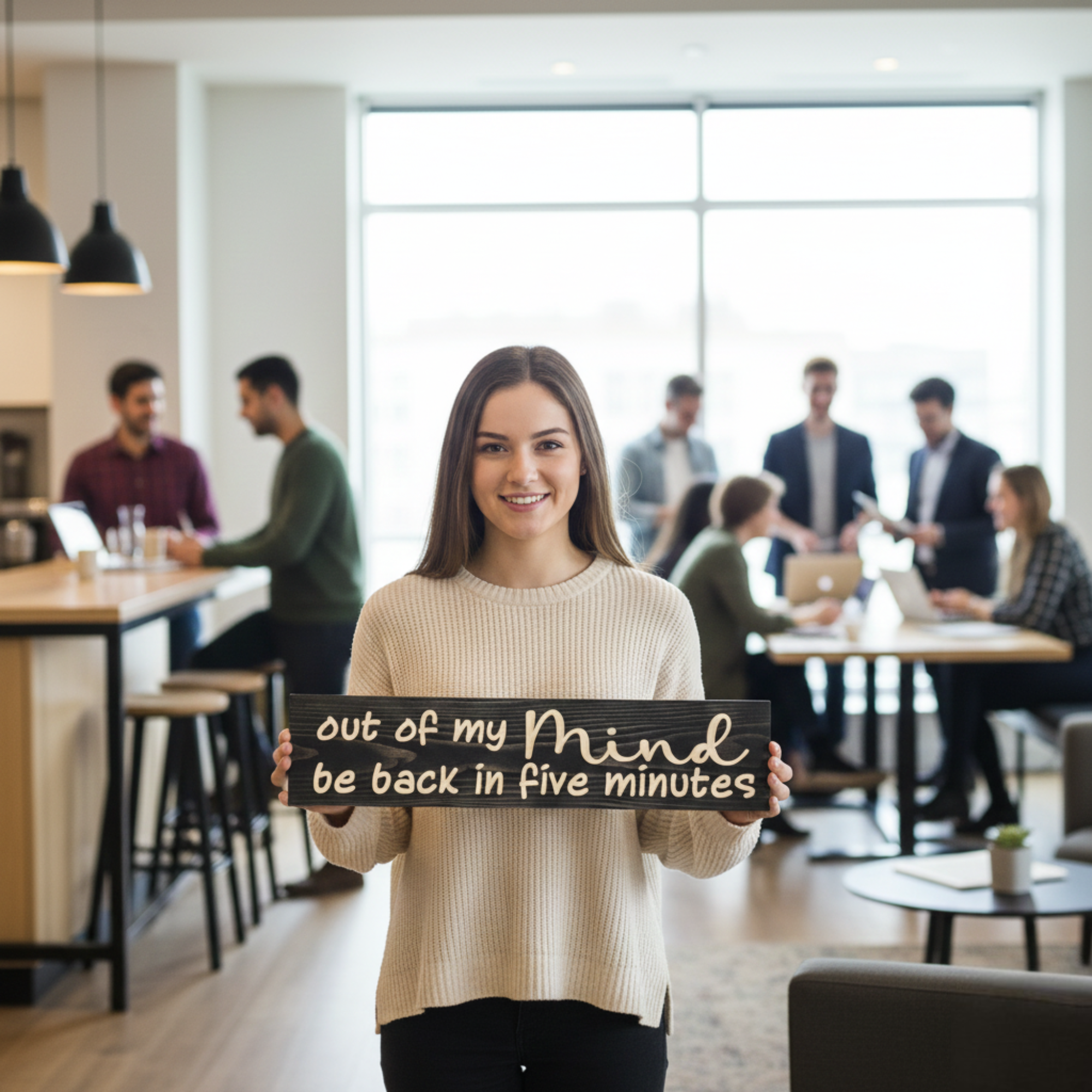 A smiling professional woman holding the "Out of My Mind" wood sign in a modern open-concept office setting.
