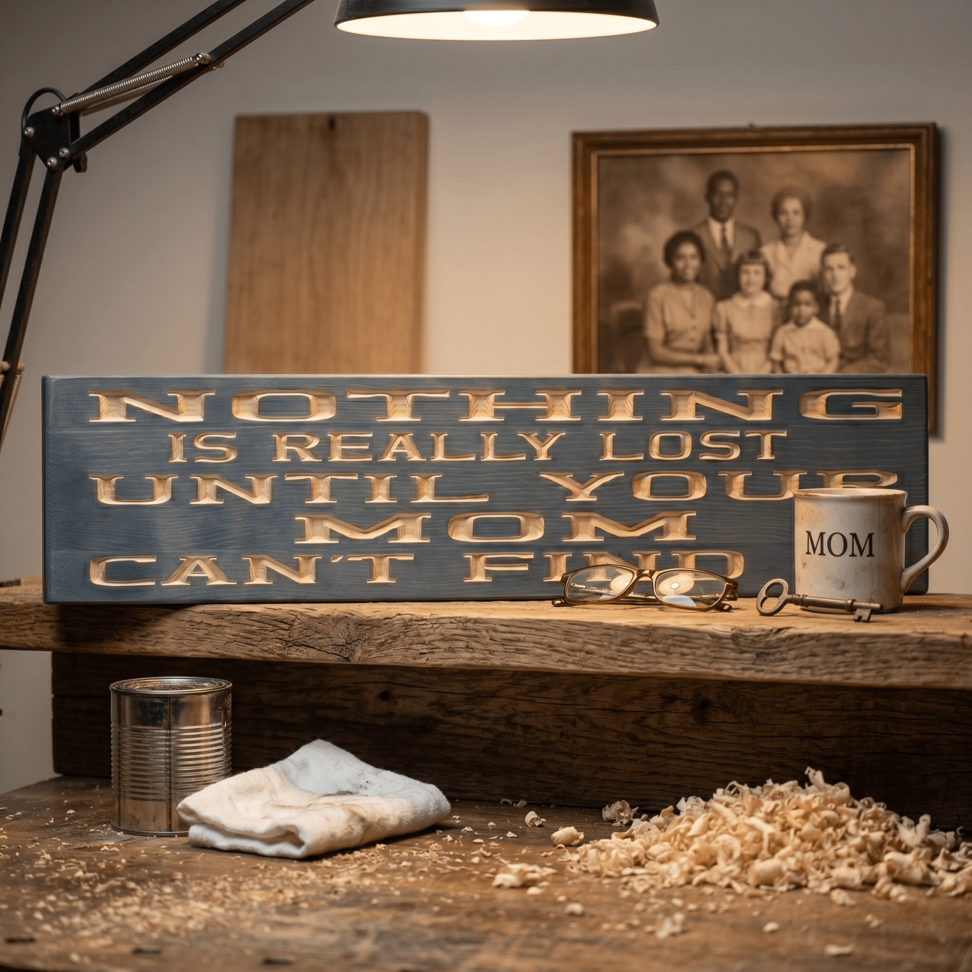Funny mom wood sign on a workbench with fresh wood shavings, a MOM coffee mug, vintage family portrait, and workshop lamp — handcrafted in Rineyville, Kentucky.