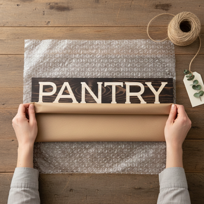 Hands peeling back protective wrap to reveal a pristine dark walnut PANTRY sign, showcasing the scent and texture of real wood.