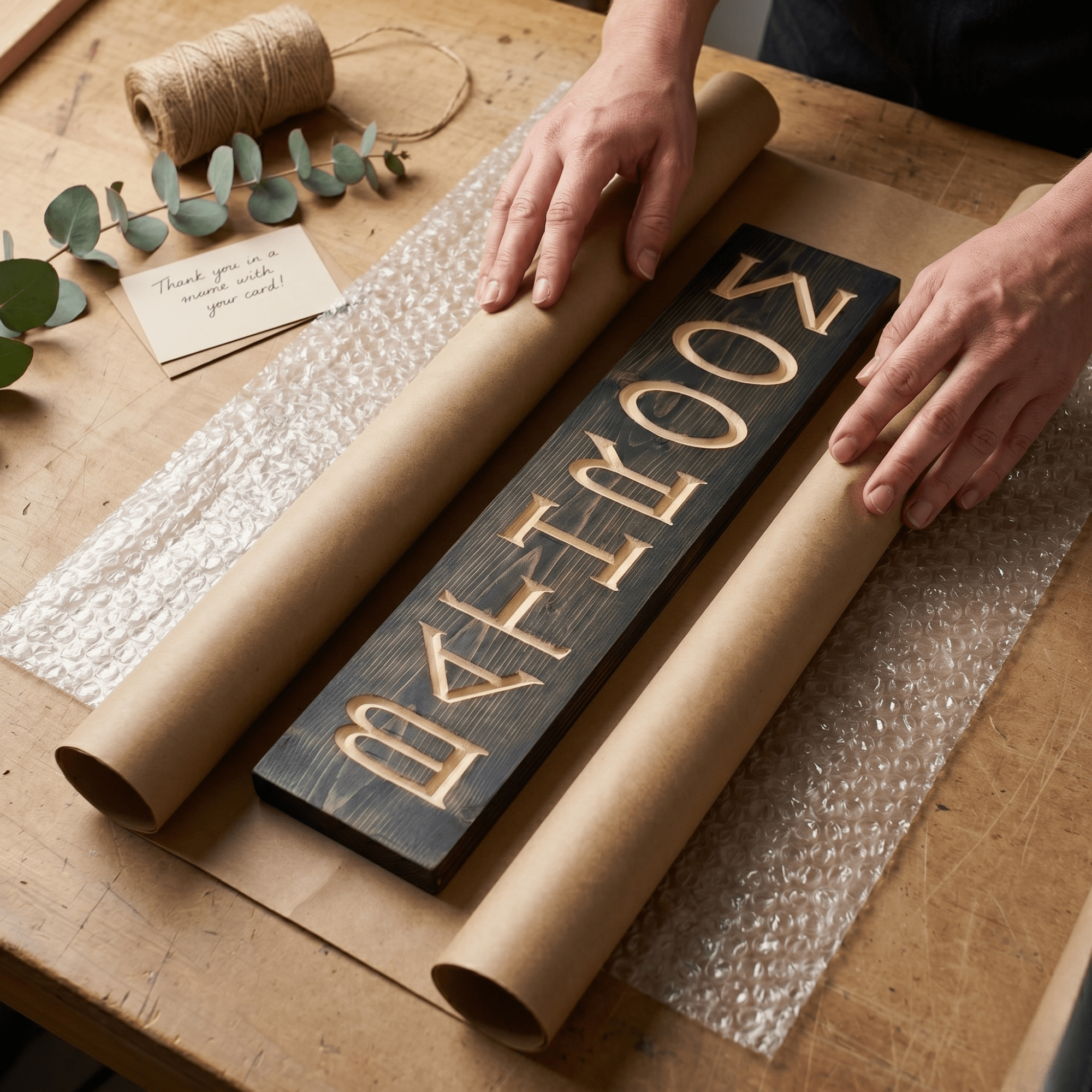Vertical wooden bathroom sign being carefully wrapped in kraft paper with bubble wrap, twine, eucalyptus, and a thank you card — handmade gift packaging from Bluegrass Gifts.