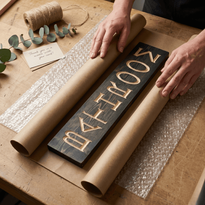 Vertical wooden bathroom sign being carefully wrapped in kraft paper with bubble wrap, twine, eucalyptus, and a thank you card — handmade gift packaging from Bluegrass Gifts.