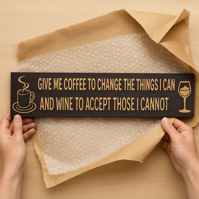 Hands unwrapping a handmade "Give Me Coffee and Wine" wood sign from brown paper, showcasing the quality craftsmanship of this perfect gift