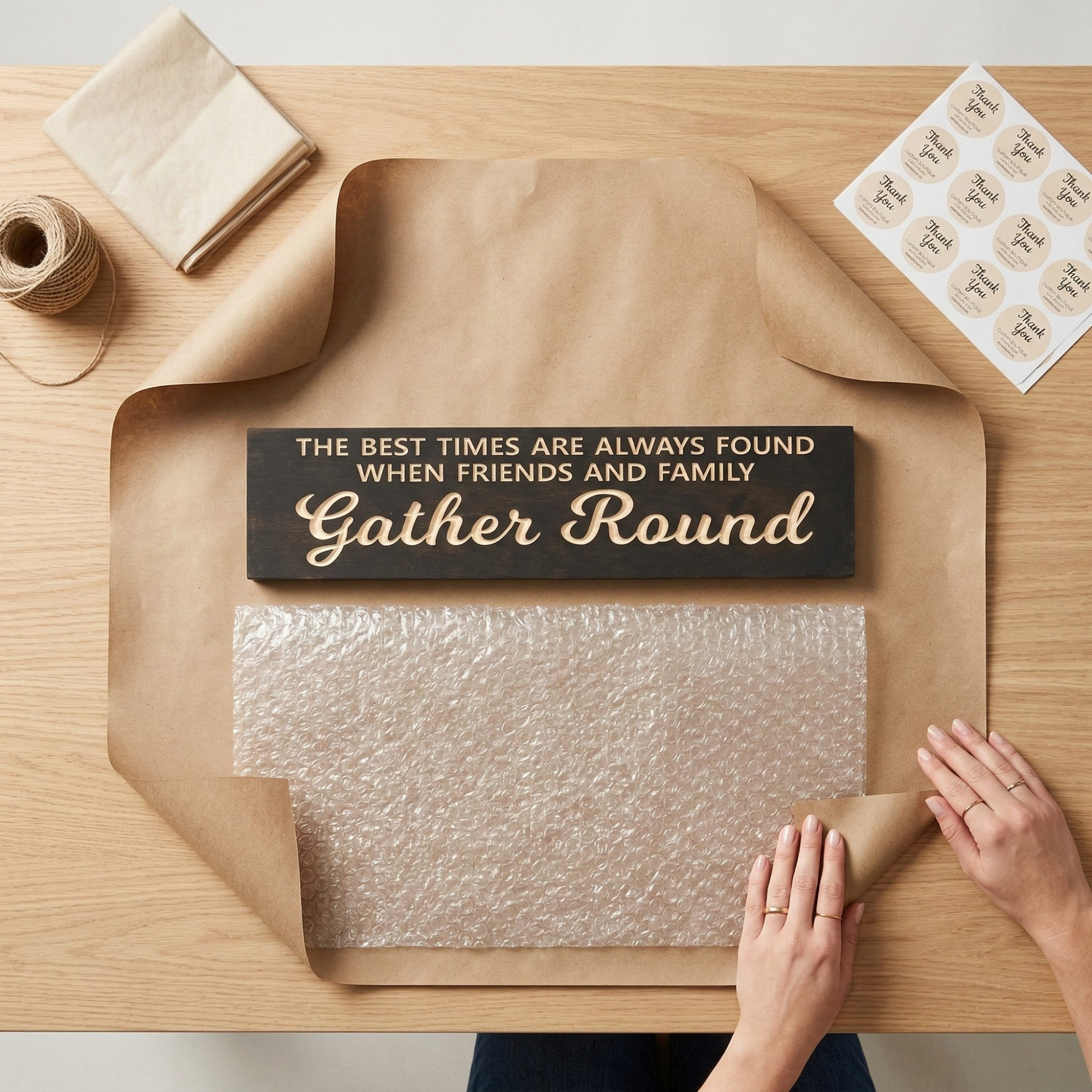 The "Gather Round" carved wood sign being carefully hand-wrapped in the Bluegrass Gifts Rineyville workshop for shipping.