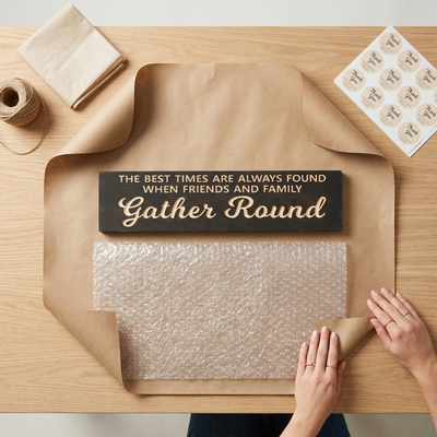 The "Gather Round" carved wood sign being carefully hand-wrapped in the Bluegrass Gifts Rineyville workshop for shipping.