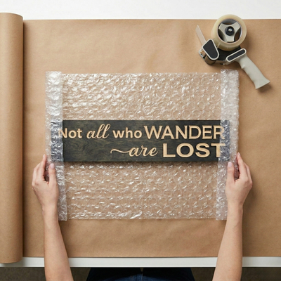 Behind-the-scenes view of a Bluegrass Gifts sign being wrapped in protective bubble wrap for shipping from Rineyville, Kentucky.