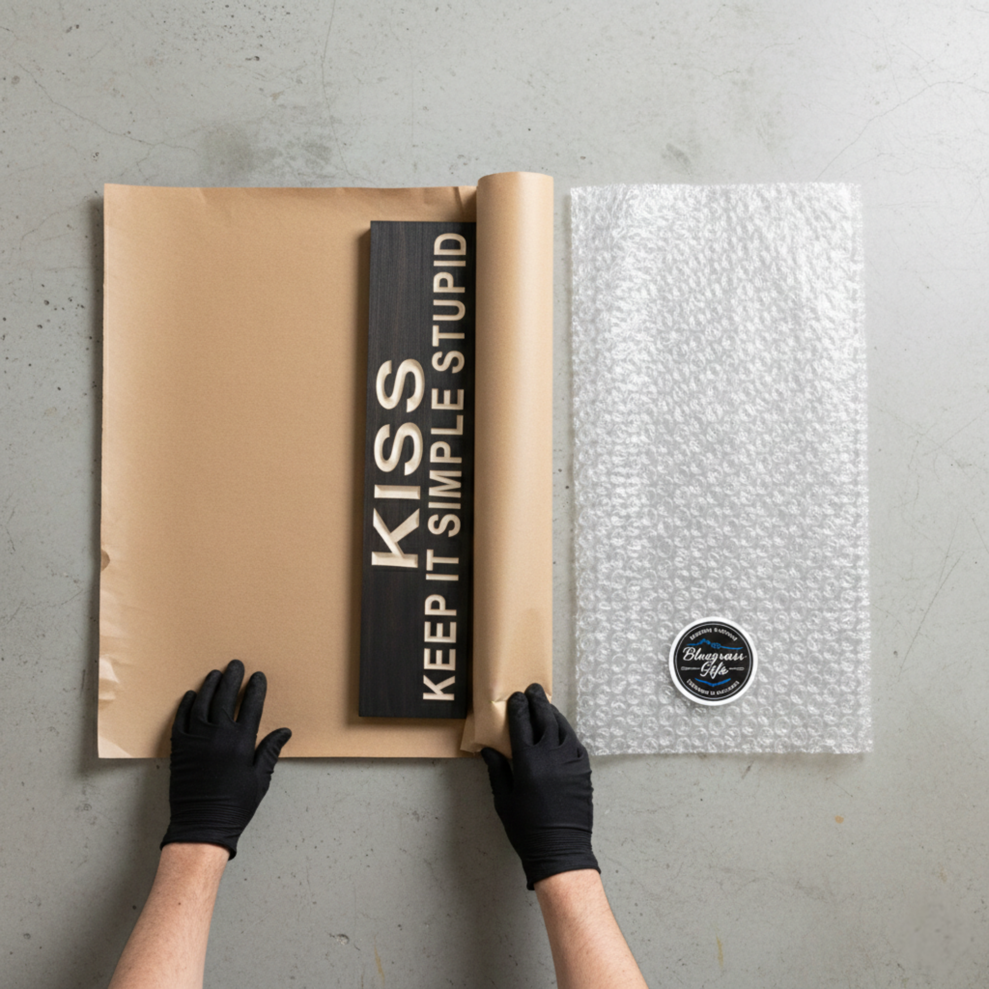 Hands in protective gloves wrapping a carved KISS Keep It Simple Stupid wood sign in brown paper and bubble wrap, showcasing the Bluegrass Gifts commitment to handcrafted quality and secure shipping.