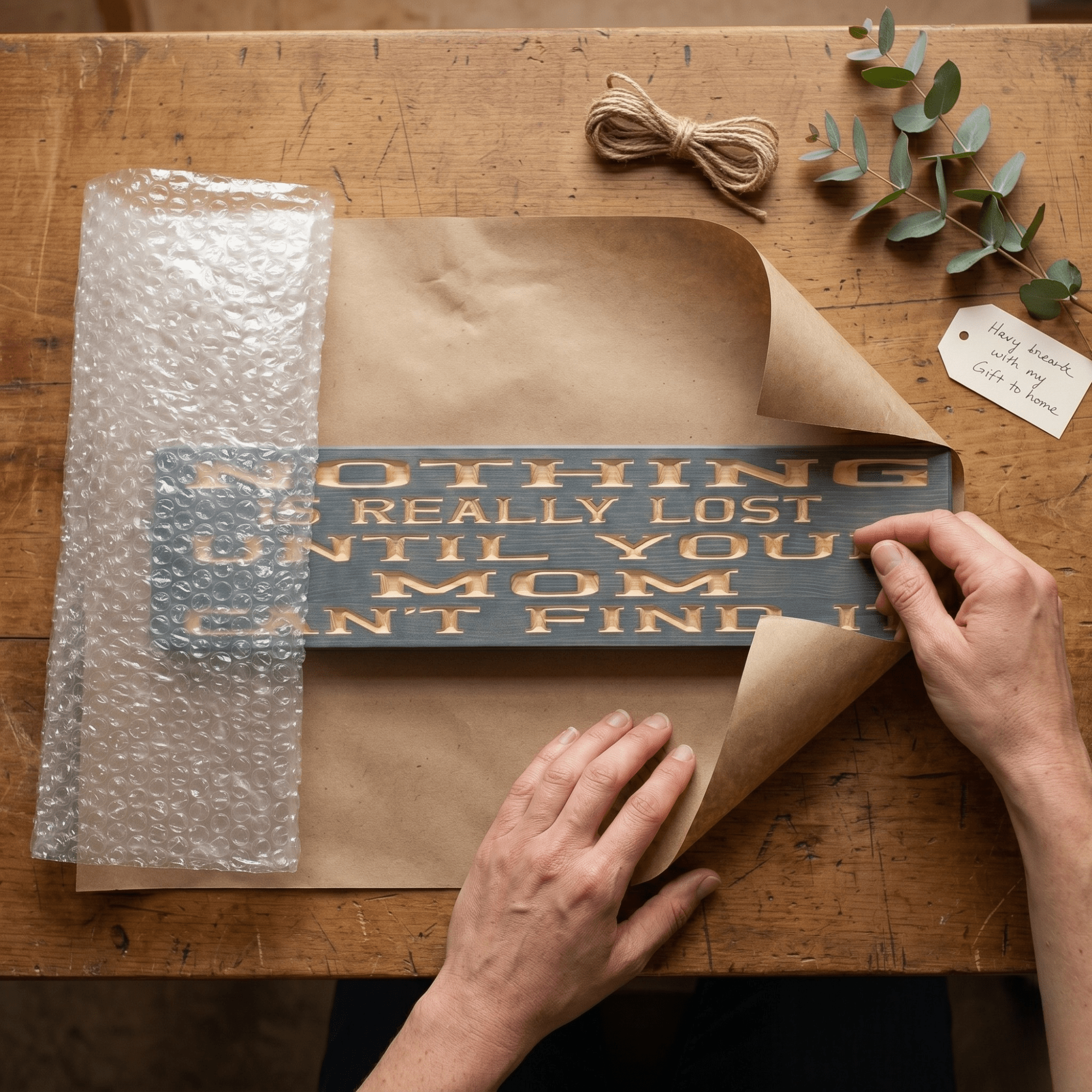 Funny mom wood sign being carefully wrapped in kraft paper with bubble wrap, twine, and a handwritten gift tag — handmade gift packaging from Bluegrass Gifts.