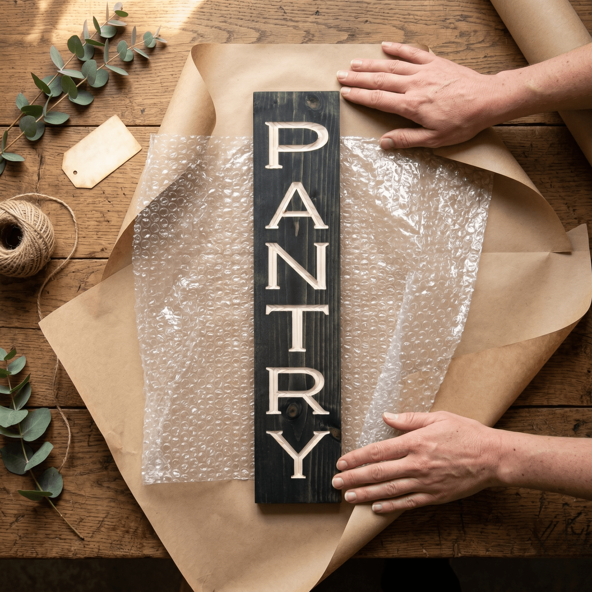Vertical wooden pantry sign being carefully wrapped in kraft paper with bubble wrap, twine, and eucalyptus — handmade housewarming gift packaging from Bluegrass Gifts.