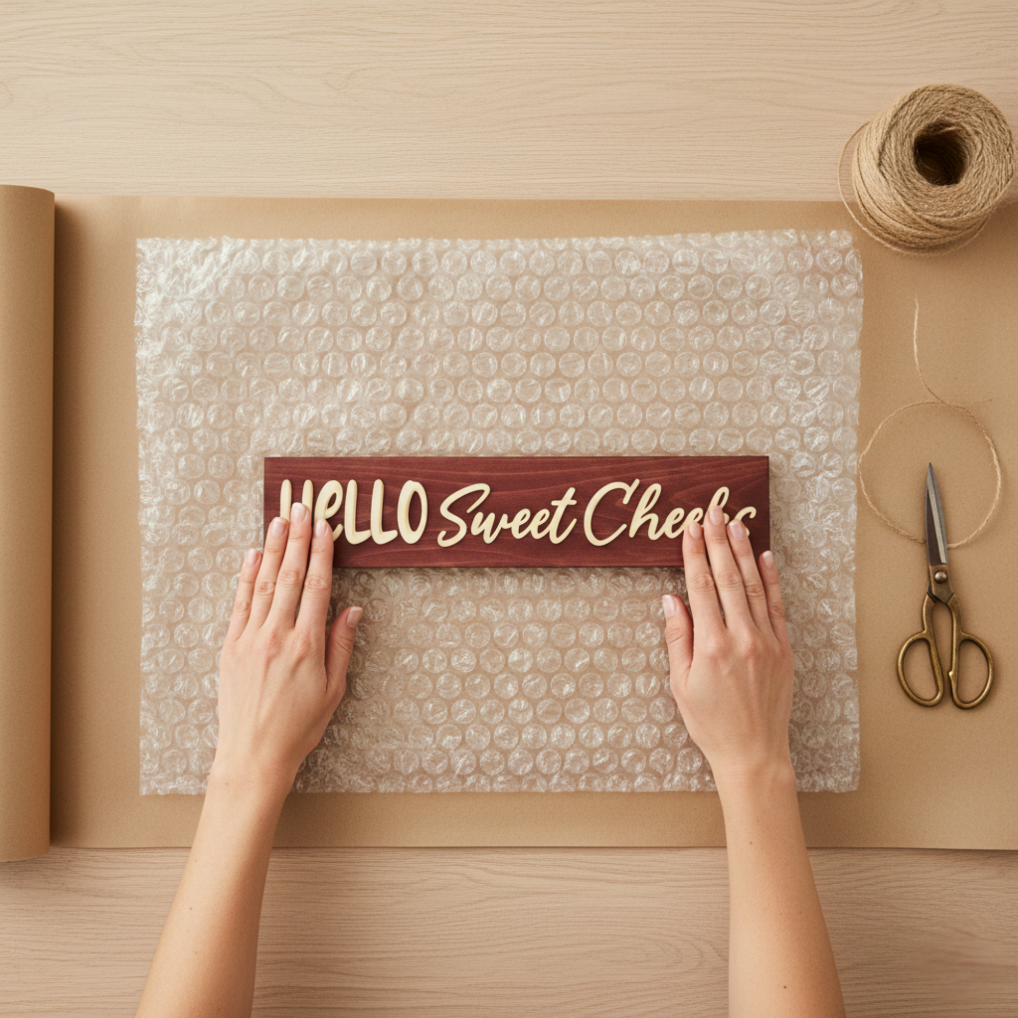 Bluegrass Gifts artisan preparing a Hello Sweet Cheeks wood sign for shipping with protective bubble wrap and eco-friendly packaging.