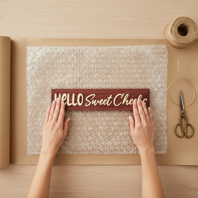 Bluegrass Gifts artisan preparing a Hello Sweet Cheeks wood sign for shipping with protective bubble wrap and eco-friendly packaging.