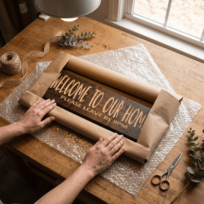 Hands wrapping a handmade Welcome to Our Home wood sign in kraft paper at the Bluegrass Gifts workshop in Rineyville Kentucky
