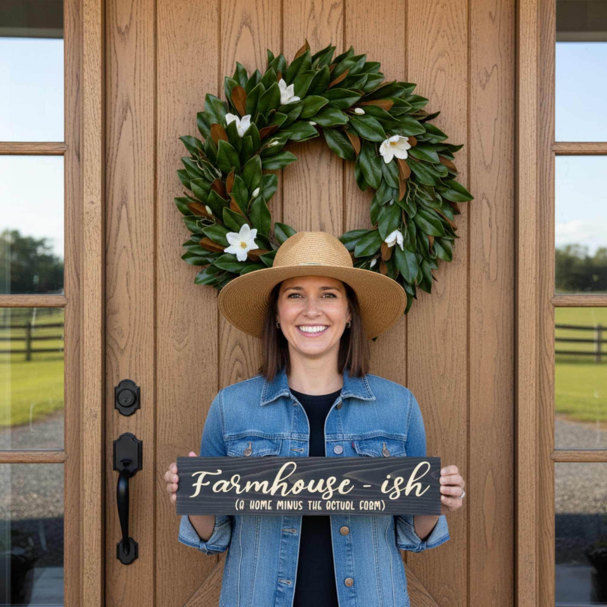 A smiling artisan from Bluegrass Gifts in Rineyville, KY holding the Farmhouse-ish sign in front of a modern farmhouse door, demonstrating the authentic American craftsmanship.