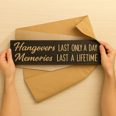 Hands unwrapping a “Hangovers Last Only a Day, Memories Last a Lifetime” wooden sign, showing its handmade gift-ready quality.