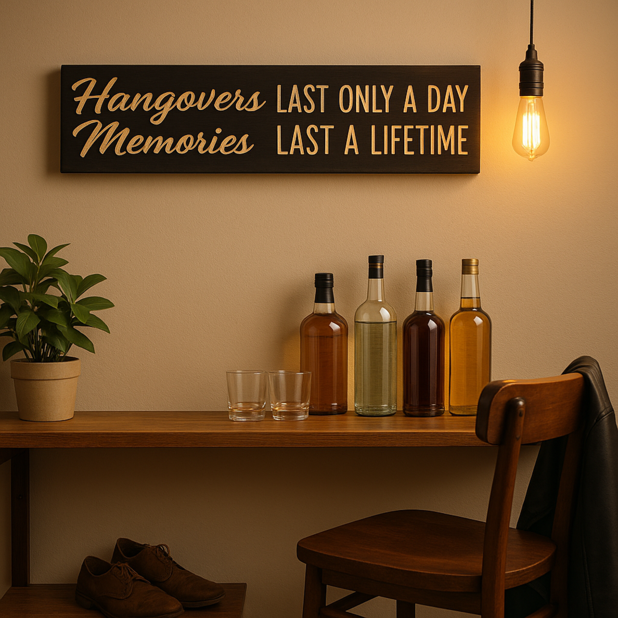 “Hangovers Last Only a Day, Memories Last a Lifetime” wooden sign mounted above a home bar with bottles, glasses, plant, and warm pendant lighting.