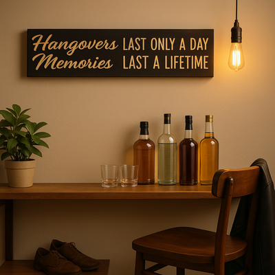 “Hangovers Last Only a Day, Memories Last a Lifetime” wooden sign mounted above a home bar with bottles, glasses, plant, and warm pendant lighting.