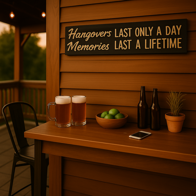 “Hangovers Last Only a Day, Memories Last a Lifetime” sign mounted on a backyard patio bar wall with beer mugs, limes, and bottles.