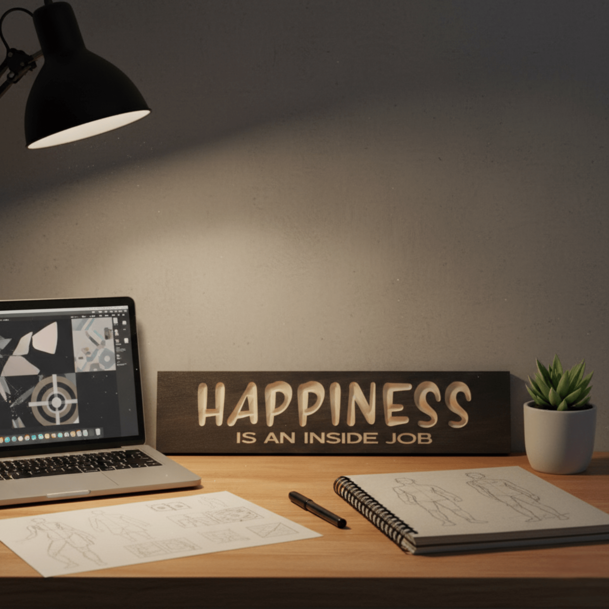 carved-wood-vs-vinyl-sign-quality-comparison - happiness is an inside job wood sign by Bluegrass Gifts, handmade in Kentucky