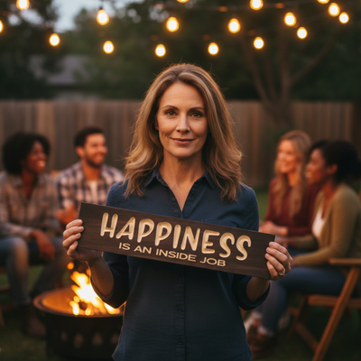 A smiling woman holding a Happiness Is An Inside Job carved wood sign outdoors by a fire pit, showcasing it as a perfect gift for friends.