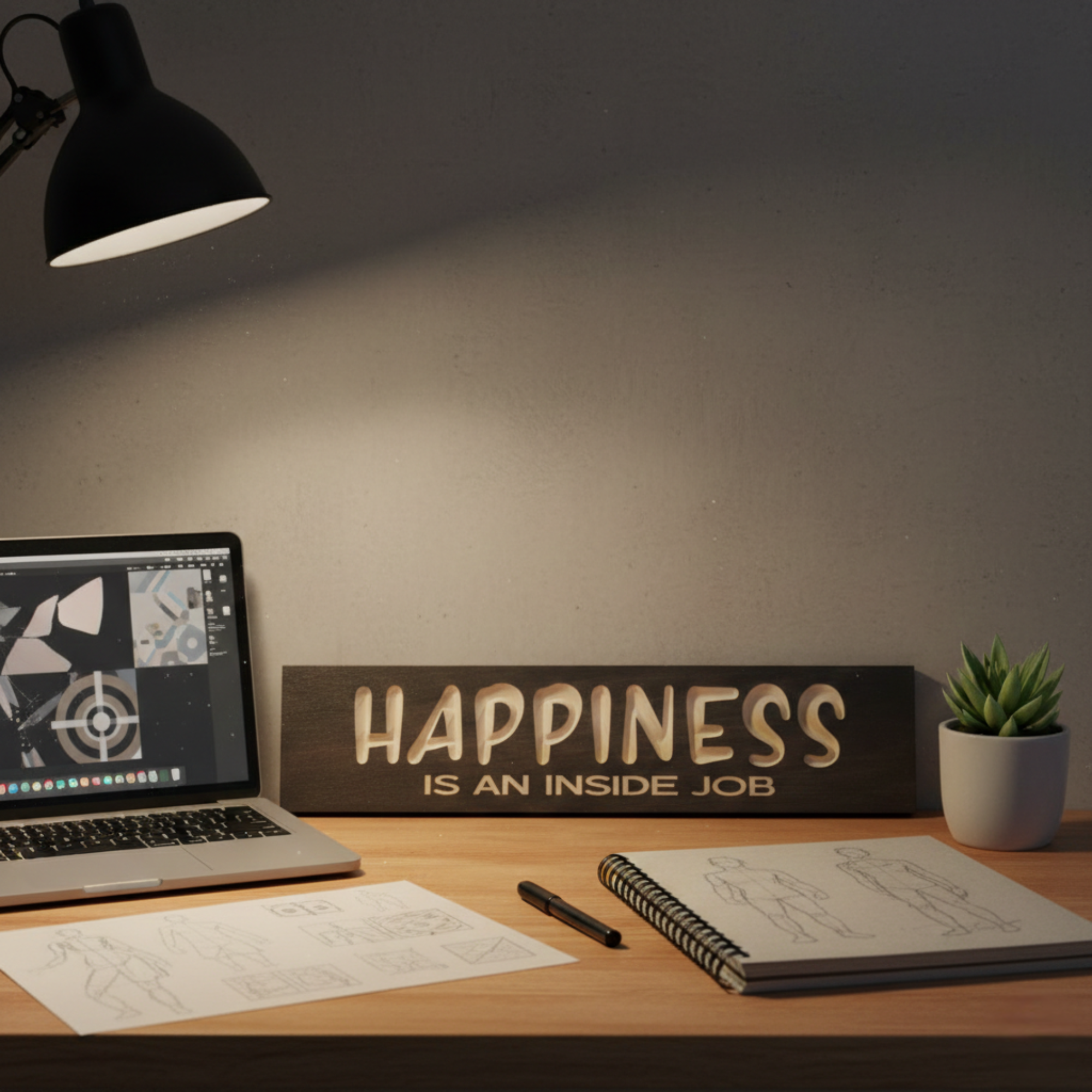 Bluegrass Gifts Happiness Is An Inside Job carved sign displayed on a wooden desk next to a laptop, lamp, and open notebook in a modern home office.