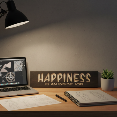 Bluegrass Gifts Happiness Is An Inside Job carved sign displayed on a wooden desk next to a laptop, lamp, and open notebook in a modern home office.