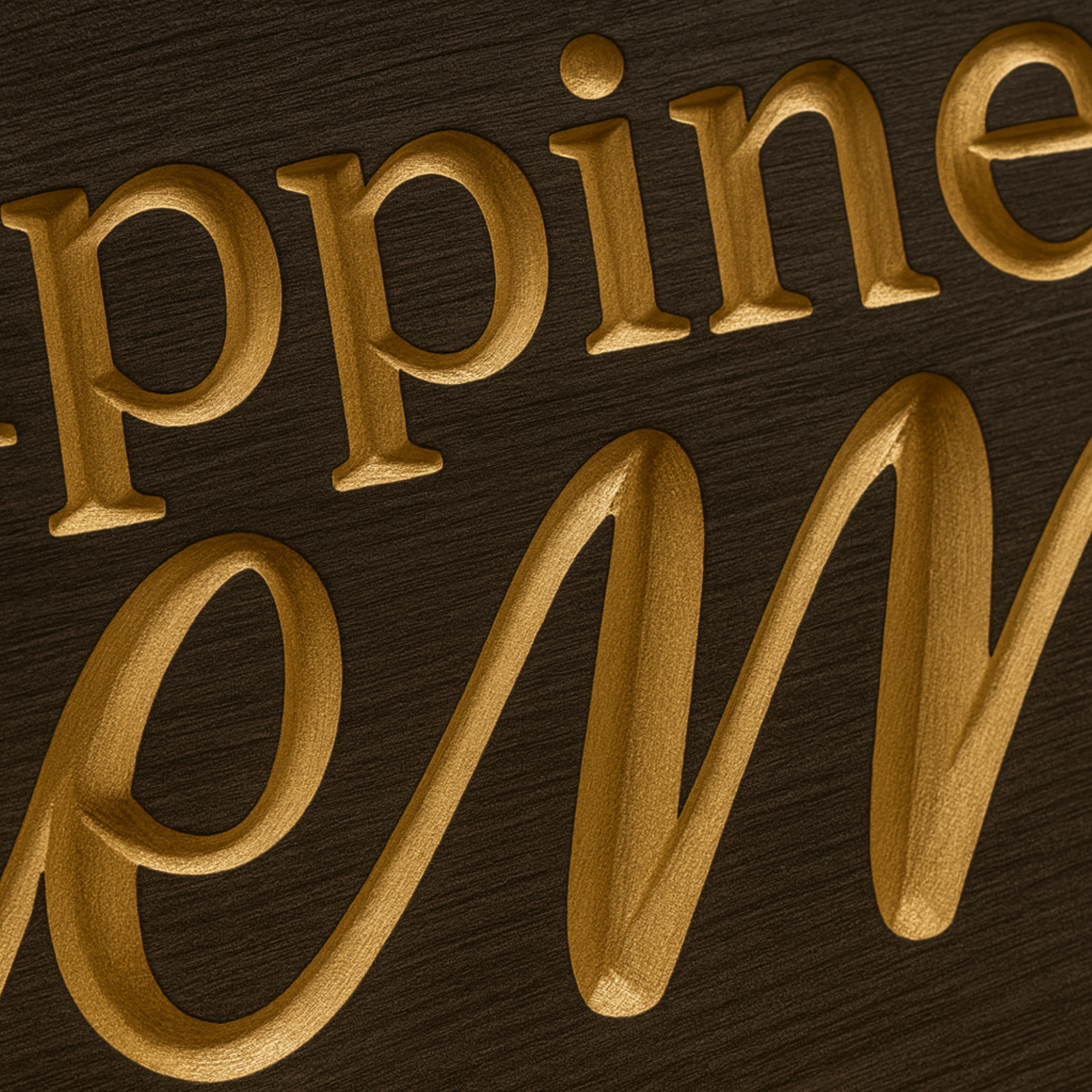 Close-up detail of CNC V-carved lettering showing the rich wood grain and beveled edges of the sign.