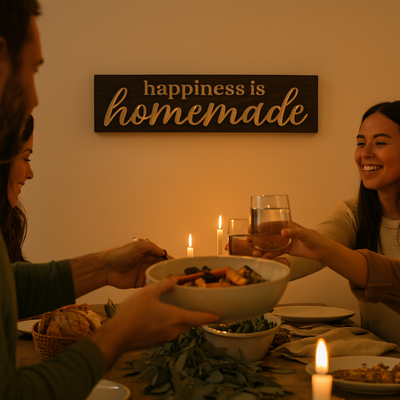 Happiness is Homemade wall sign hanging above a cozy candlelit family dinner in the dining room.