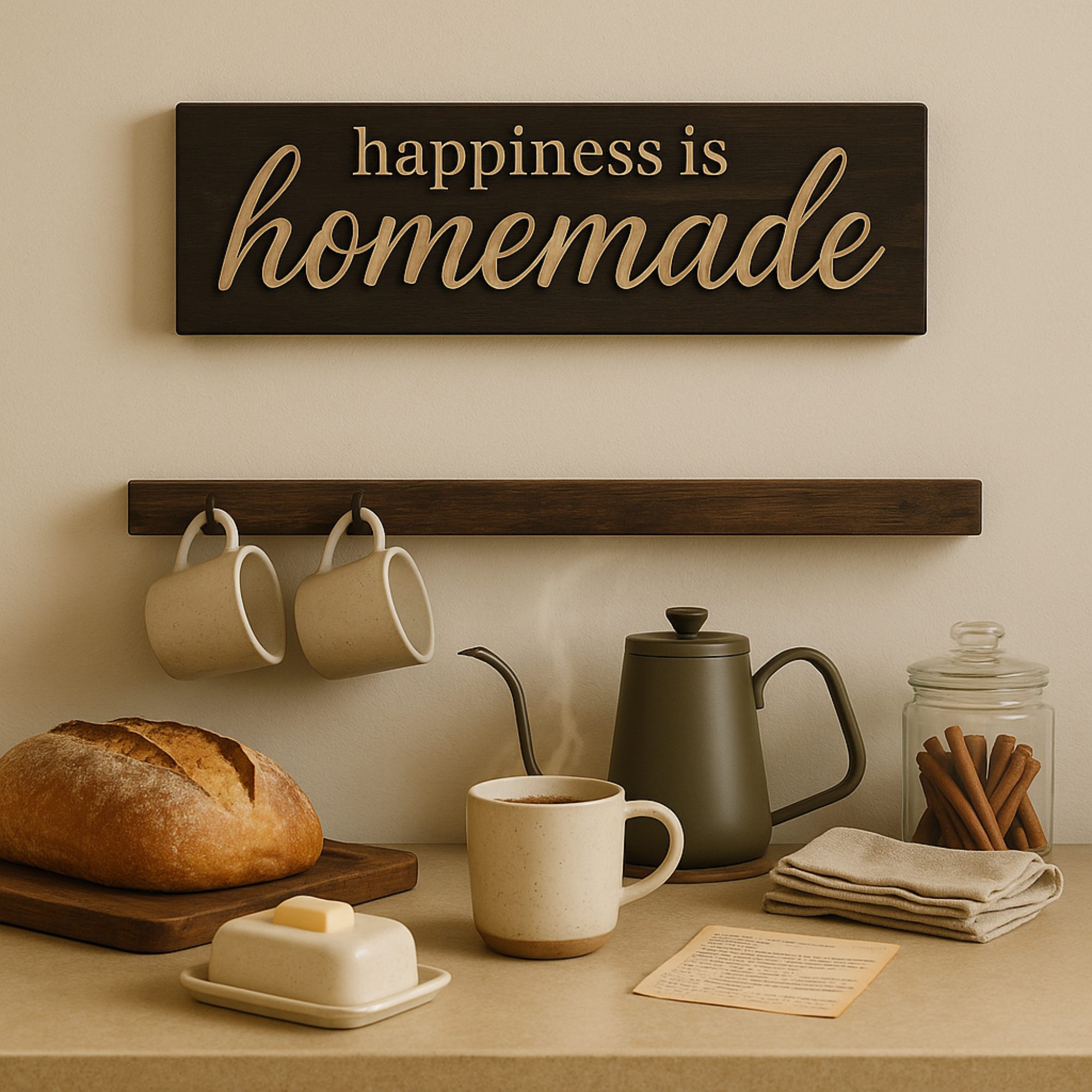 Happiness is Homemade wood sign styled over a kitchen coffee bar with mugs, bread and a kettle.