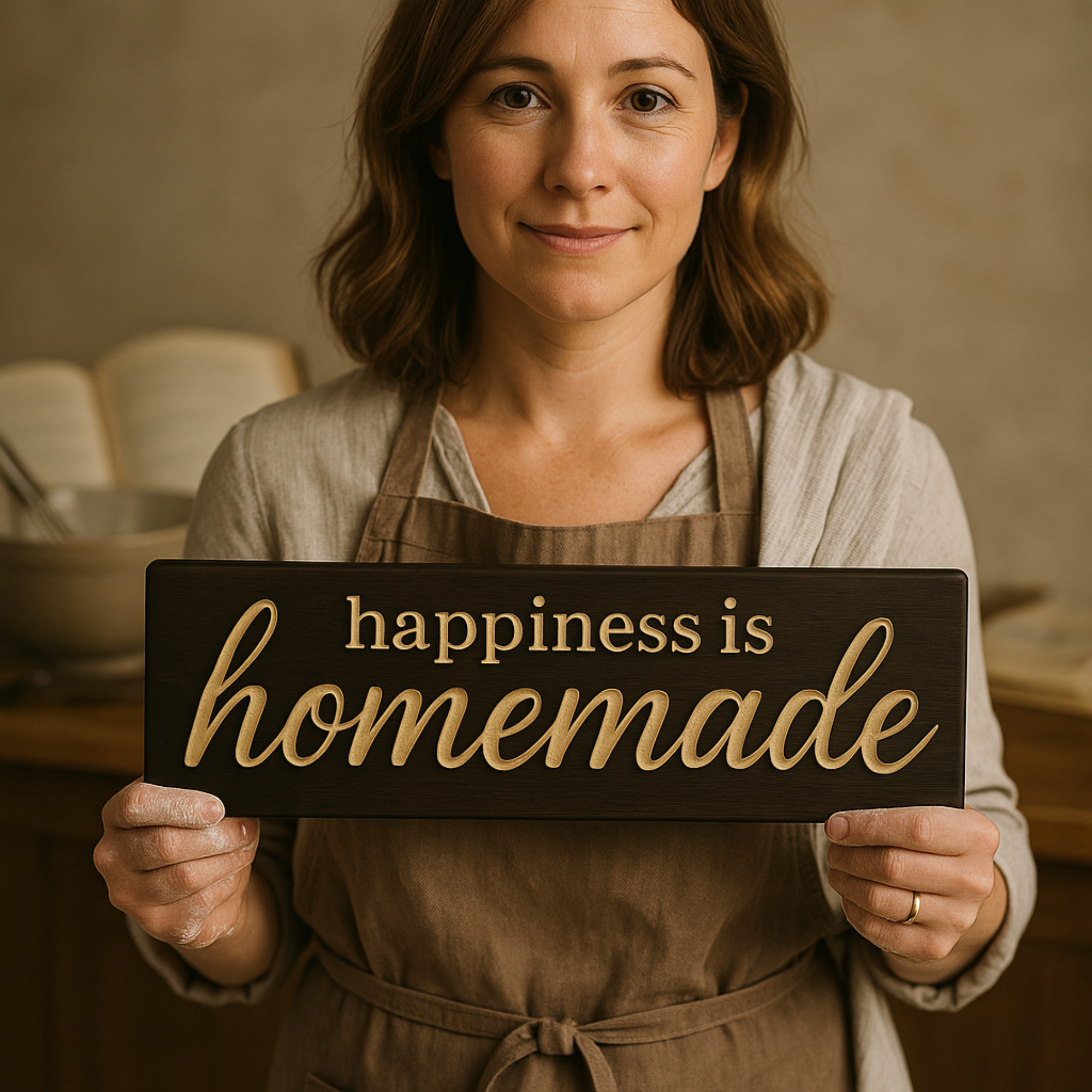 Smiling home baker in an apron holding the Happiness is Homemade carved wooden sign, handmade in Kentucky.